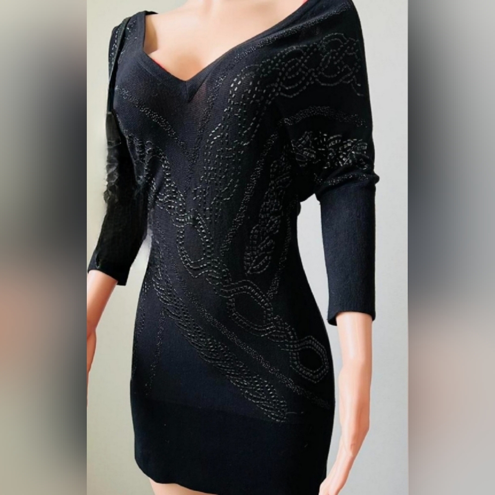 Cache Elegant Black Beaded Women's Mini Sweater Dress, Sz S